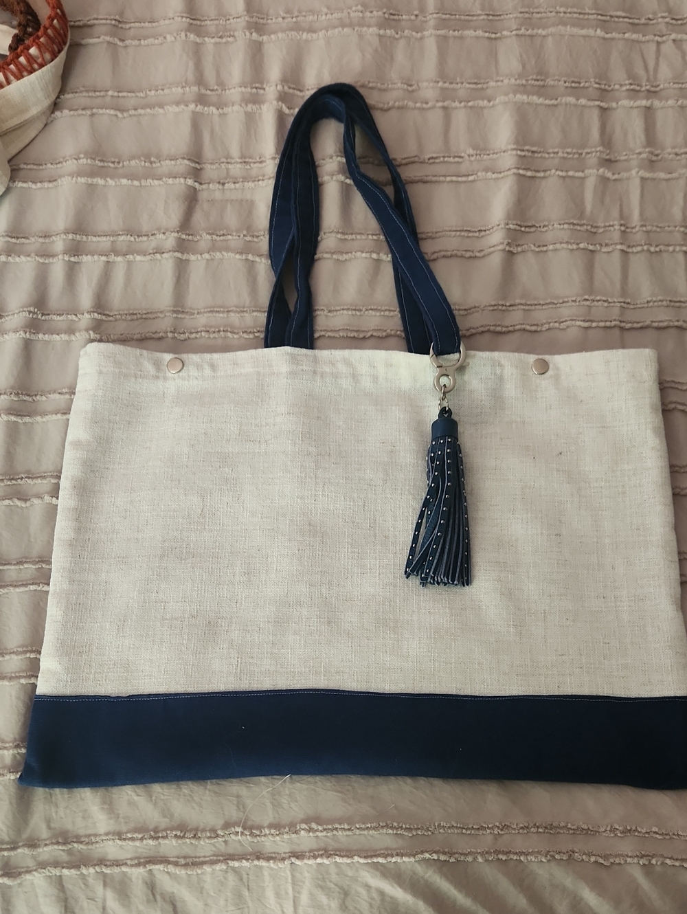 Women’s Navy and Cream Canvas Tote Bag with Tassel Brsnd New. Home Made
